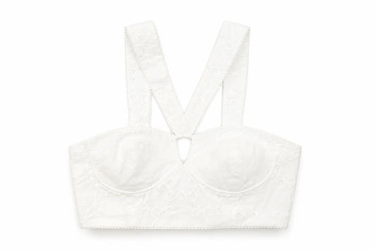 Zara Womens White Cotton Cropped Tank Size M V-Neck - Broderie Anglaise