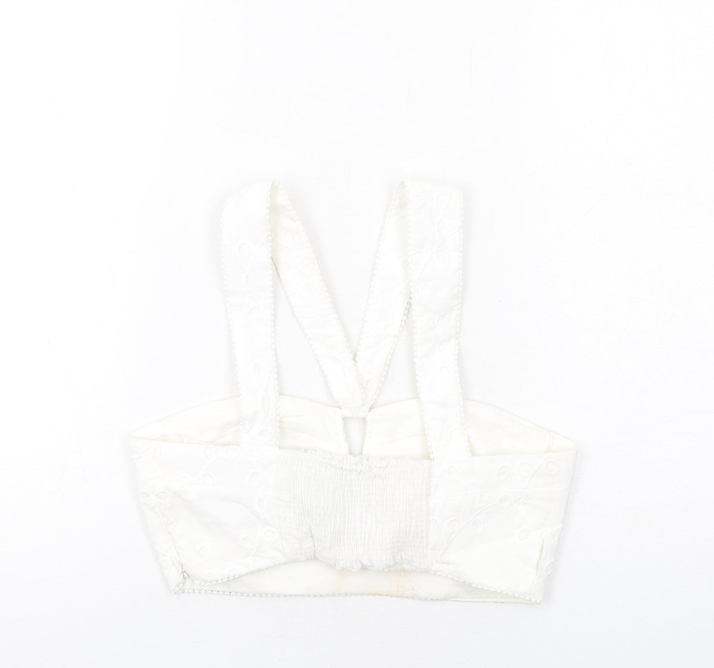 Zara Womens White Cotton Cropped Tank Size M V-Neck - Broderie Anglaise