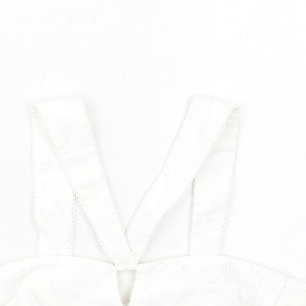 Zara Womens White Cotton Cropped Tank Size M V-Neck - Broderie Anglaise
