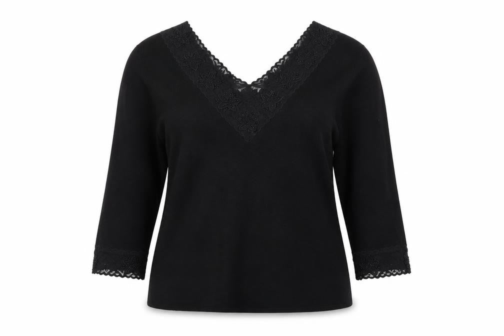 Alex & Co. Womens Black V-Neck Viscose Pullover Jumper Size 16 - Lace Trim