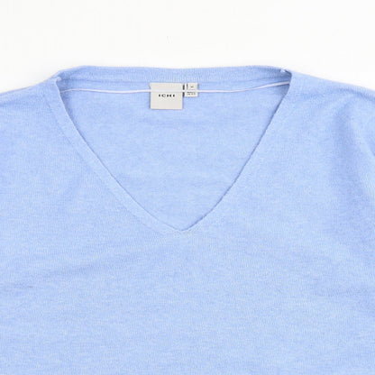Close-up detail of ICHI women’s blue v-neck polyester jumper, size M