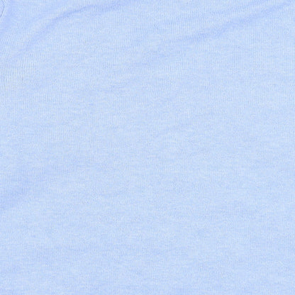 Brand and care label for ICHI women’s blue v-neck polyester jumper, size M