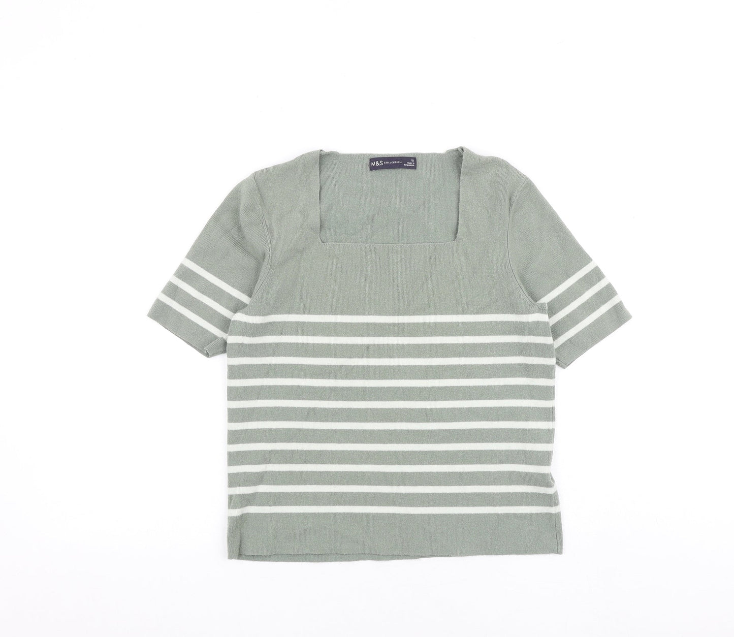 Marks and Spencer Womens Green Square Neck Striped Viscose Pullover Jumper Size 12 Pullover