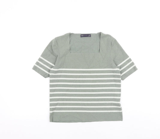 Marks and Spencer Womens Green Square Neck Striped Viscose Pullover Jumper Size 12 Pullover