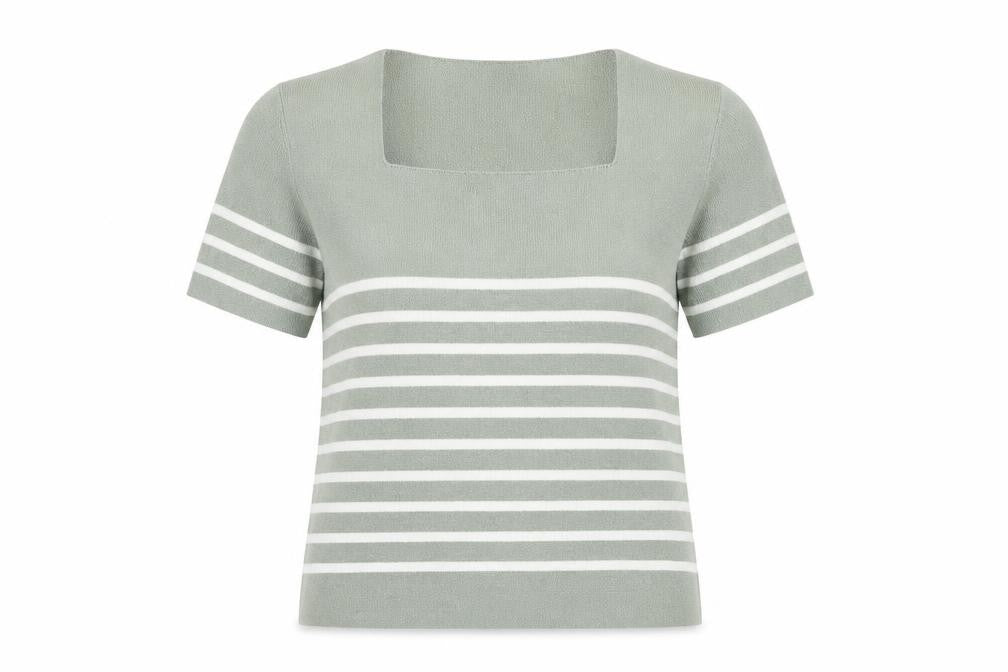 Marks & Spencer Womens Green Square Neck Striped Viscose Pullover Jumper Size 12 Pullover