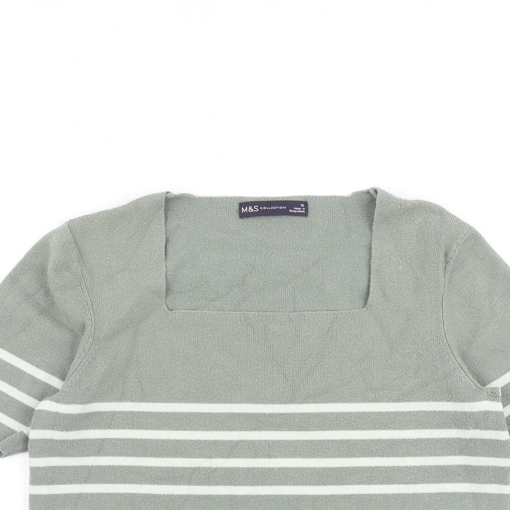 Marks and Spencer Womens Green Square Neck Striped Viscose Pullover Jumper Size 12 Pullover