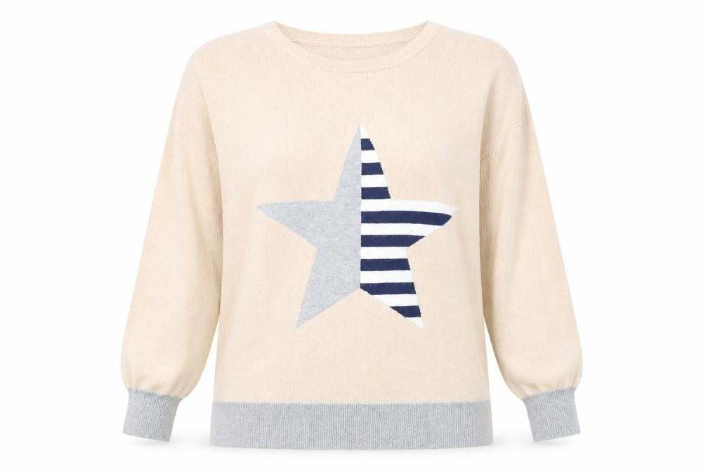 Mudflower Womens Beige Round Neck Viscose Pullover Jumper Size M - Star