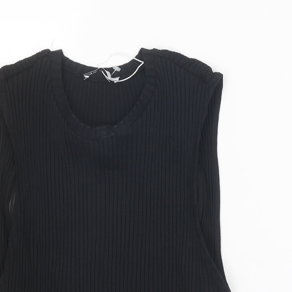 Zara Womens Black Cotton Basic Blouse Size L Crew Neck