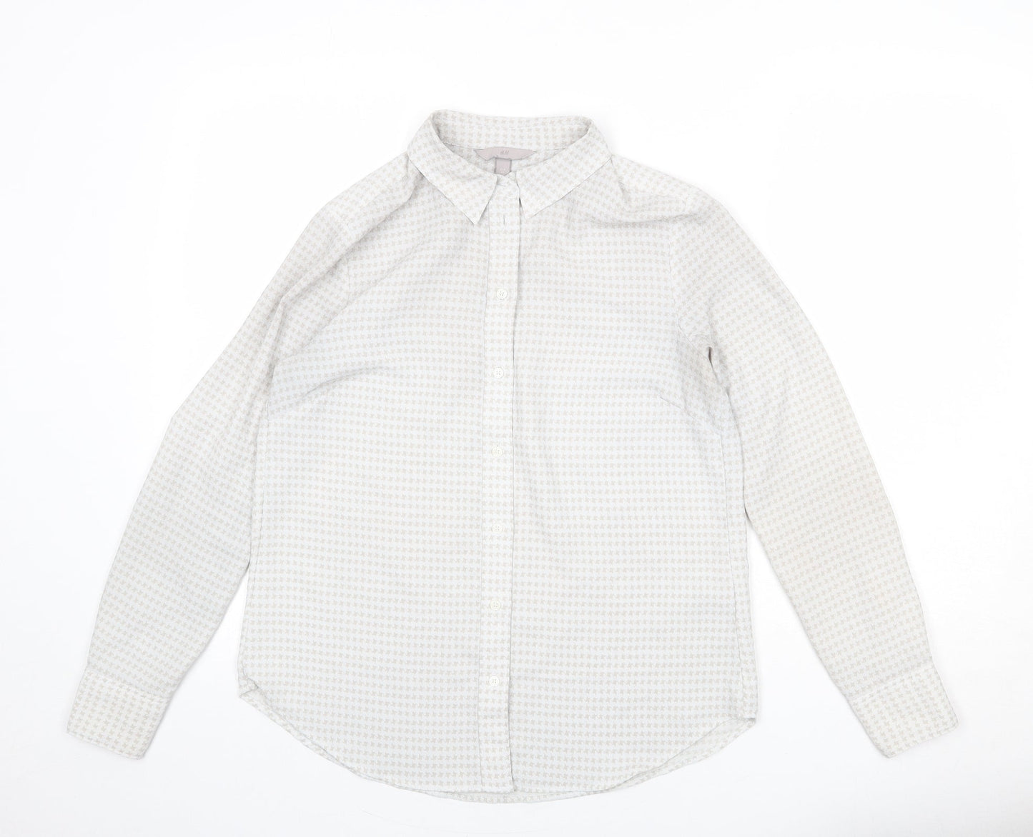 H&M Womens Grey Herringbone Polyester Basic Button-Up Size 8 Collared