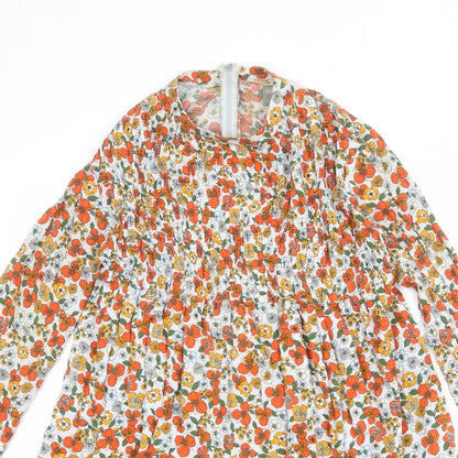 Close-up detail of ASOS women’s multicoloured floral viscose a-line, size UK 8, mock neck zip