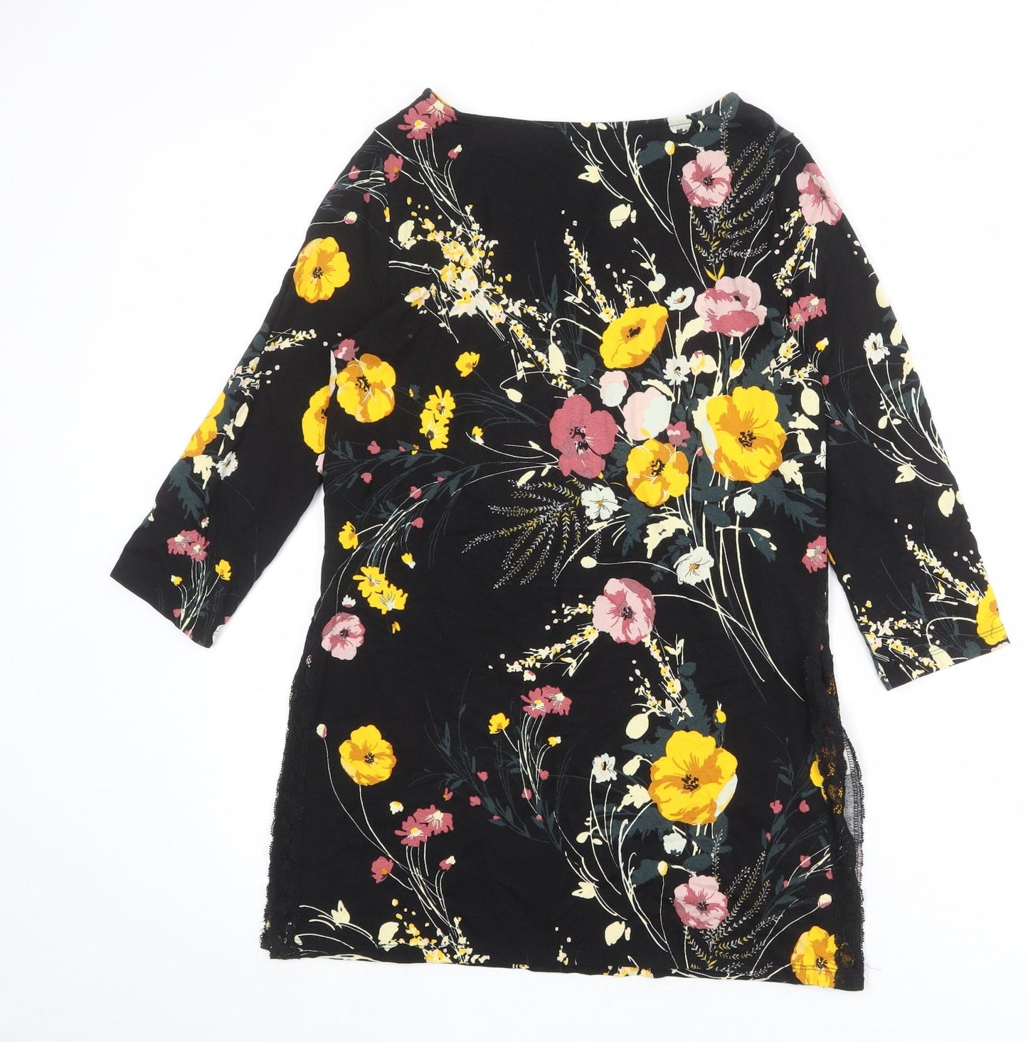 Marks and Spencer Womens Black Floral Viscose Tunic Blouse Size 10 Boat Neck