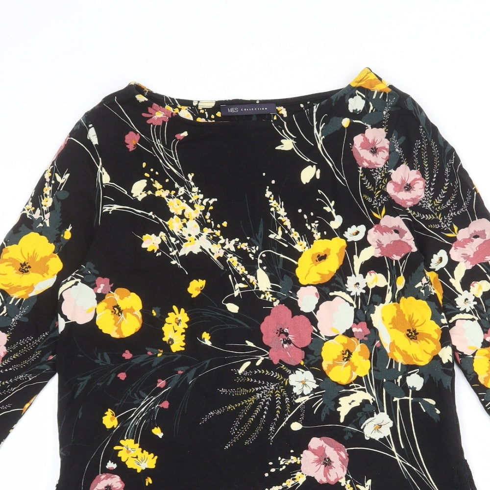 Marks and Spencer Womens Black Floral Viscose Tunic Blouse Size 10 Boat Neck