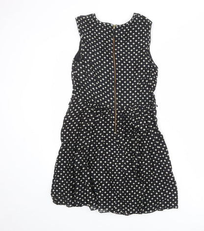 Oasis Womens Black Geometric Modal A-Line Size 10 Collared Zip