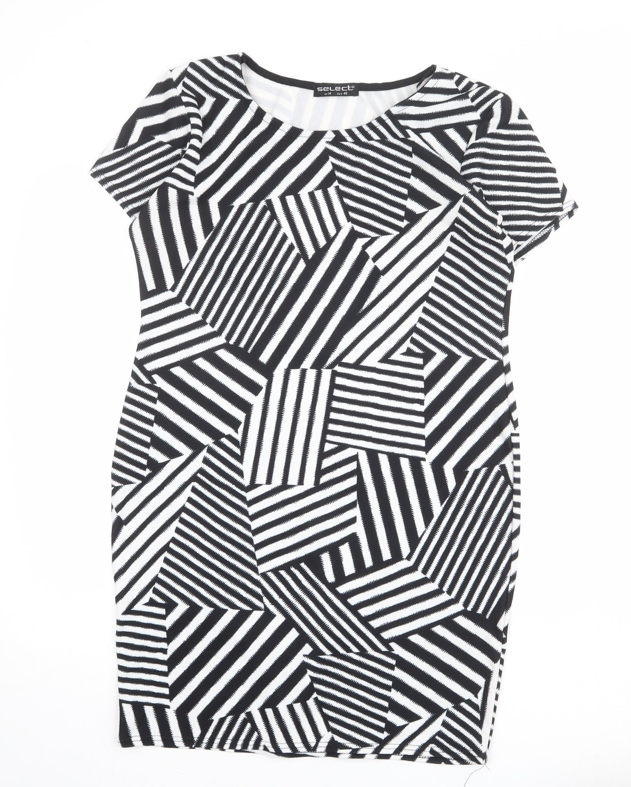 Select Womens Black Geometric Polyester Shift Size 14 Round Neck Pullover