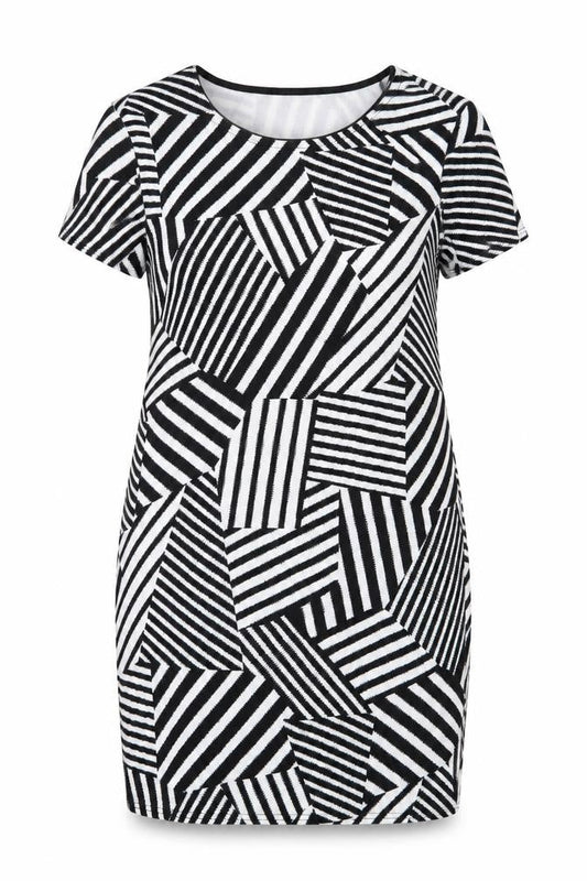 Select Womens Black Geometric Polyester Shift Size 14 Round Neck Pullover