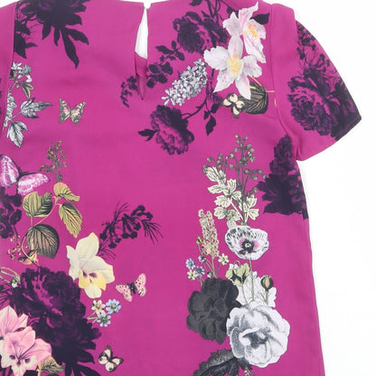 Oasis Womens Purple Floral Polyester Basic Blouse Size 8 Boat Neck