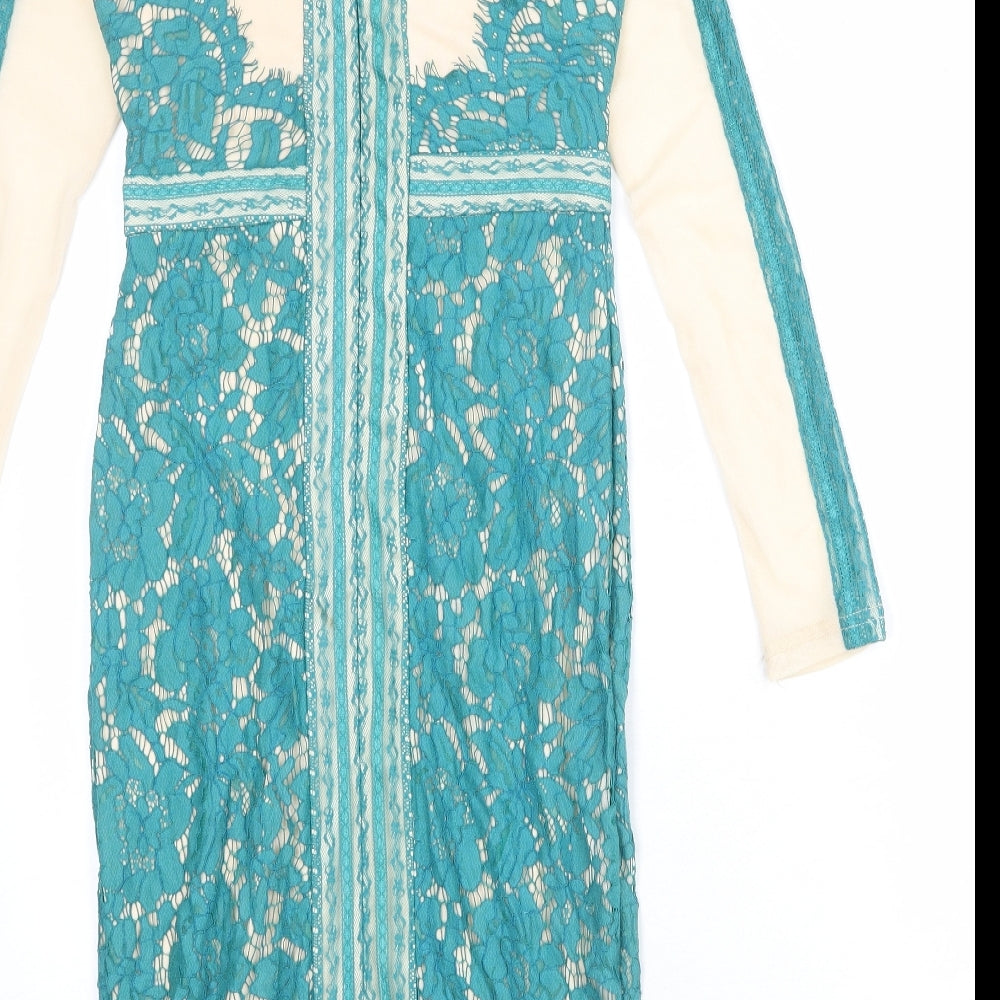 Missguided Womens Blue Polyester Bodycon Size 10 Boat Neck Zip - Lace Overlay