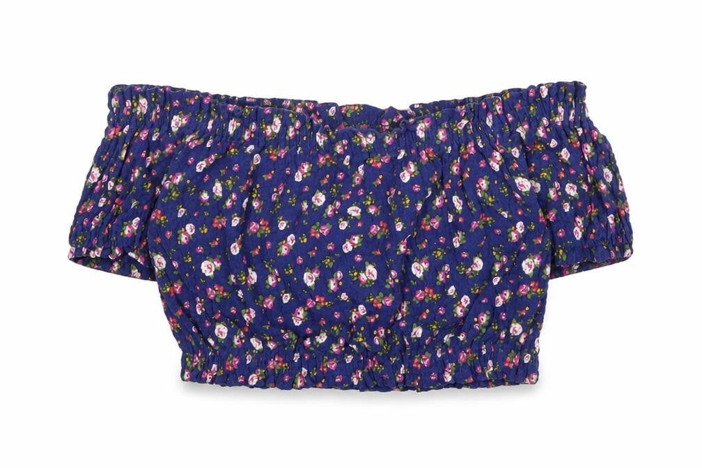 Topshop Womens Blue Floral Cotton Cropped Blouse Size 14 Off the Shoulder