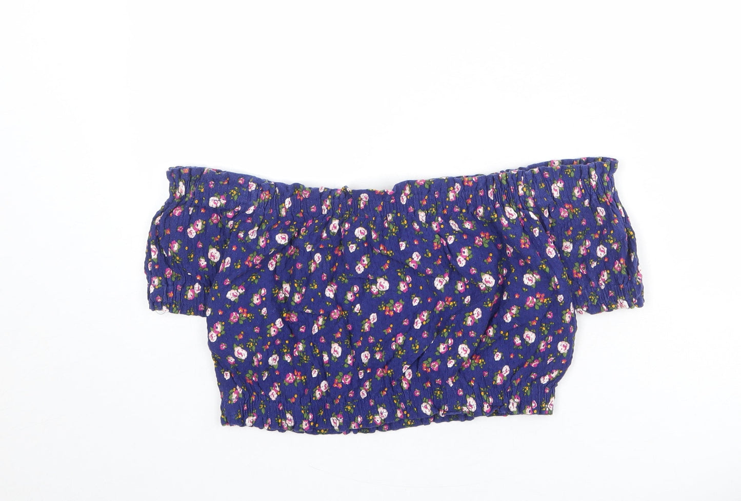 Topshop Womens Blue Floral Cotton Cropped Blouse Size 14 Off the Shoulder