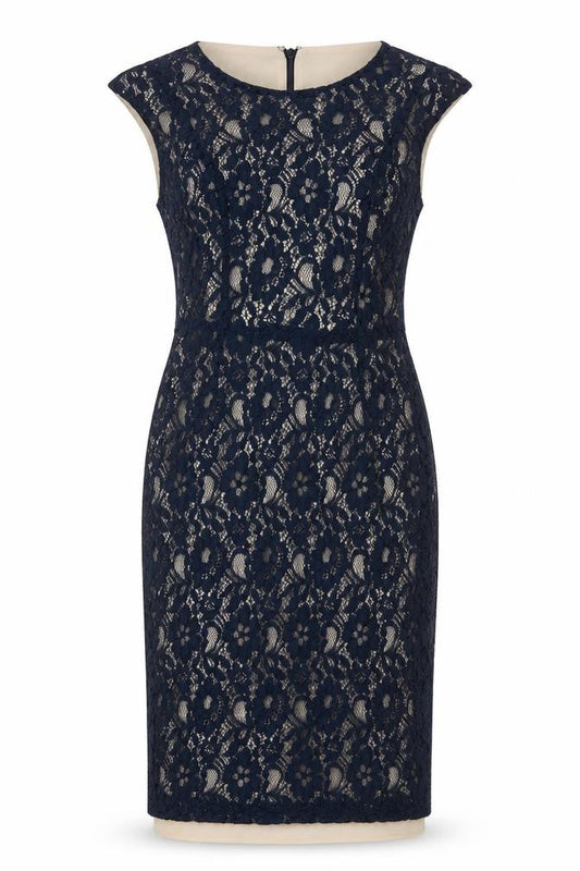 French Connection Womens Blue Polyester Pencil Dress Size 10 Boat Neck Zip - Lace Overlay