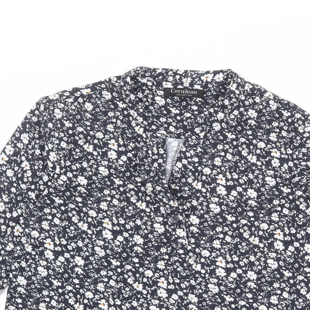 Cerulean Collection Womens Blue Floral Polyester Basic T-Shirt Size S V-Neck