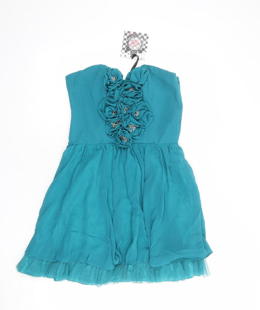 Frock and Frill Womens Blue Polyester Mini Size 10 Sweetheart Zip - 3D Flower Details Strapless