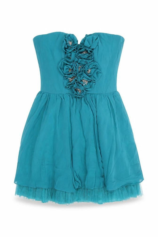 Frock and Frill Womens Blue Polyester Mini Size 10 Sweetheart Zip - 3D Flower Details Strapless