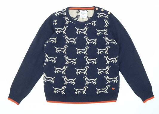 EWM Womens Blue Round Neck Geometric Acrylic Pullover Jumper Size S - Dog Print