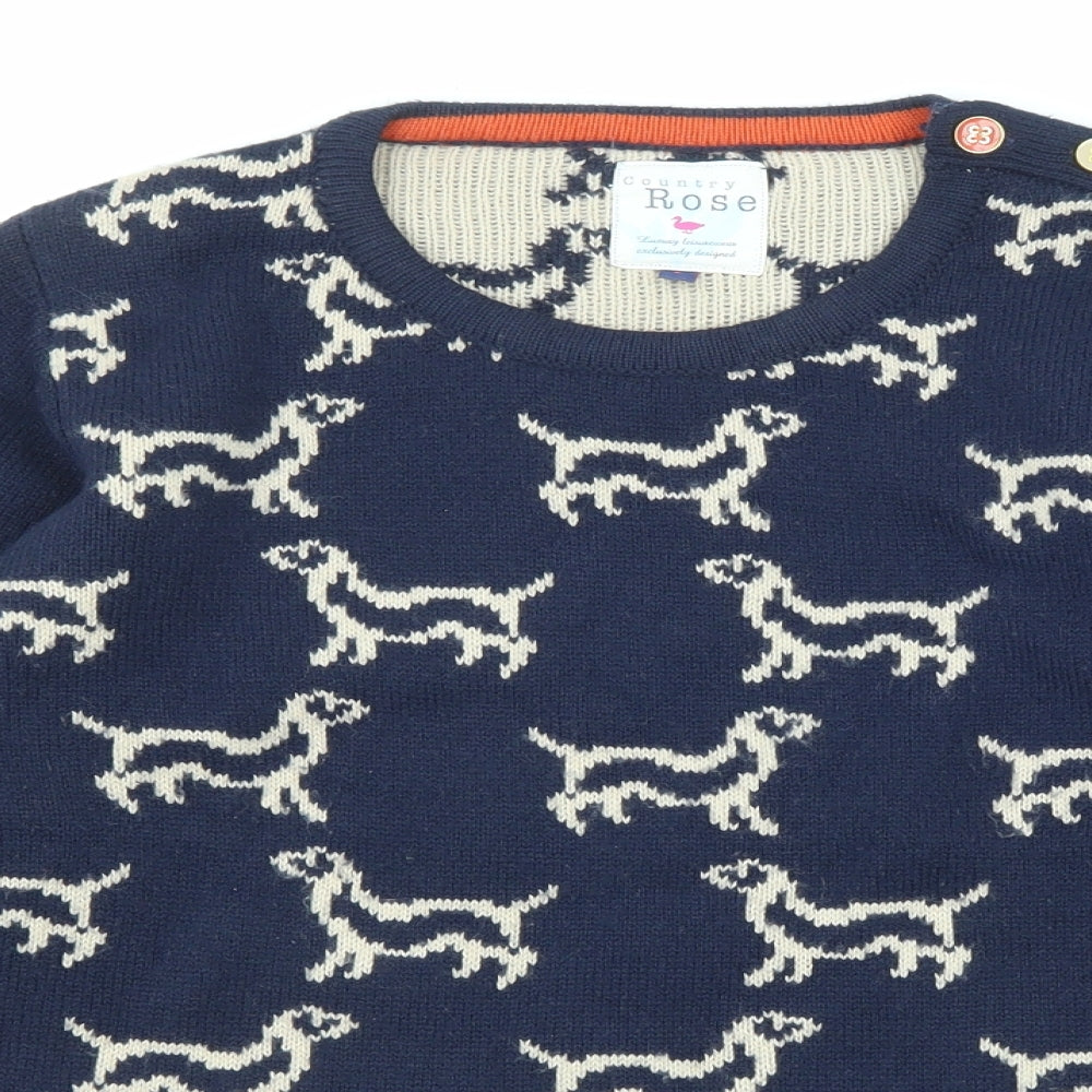 EWM Womens Blue Round Neck Geometric Acrylic Pullover Jumper Size S - Dog Print