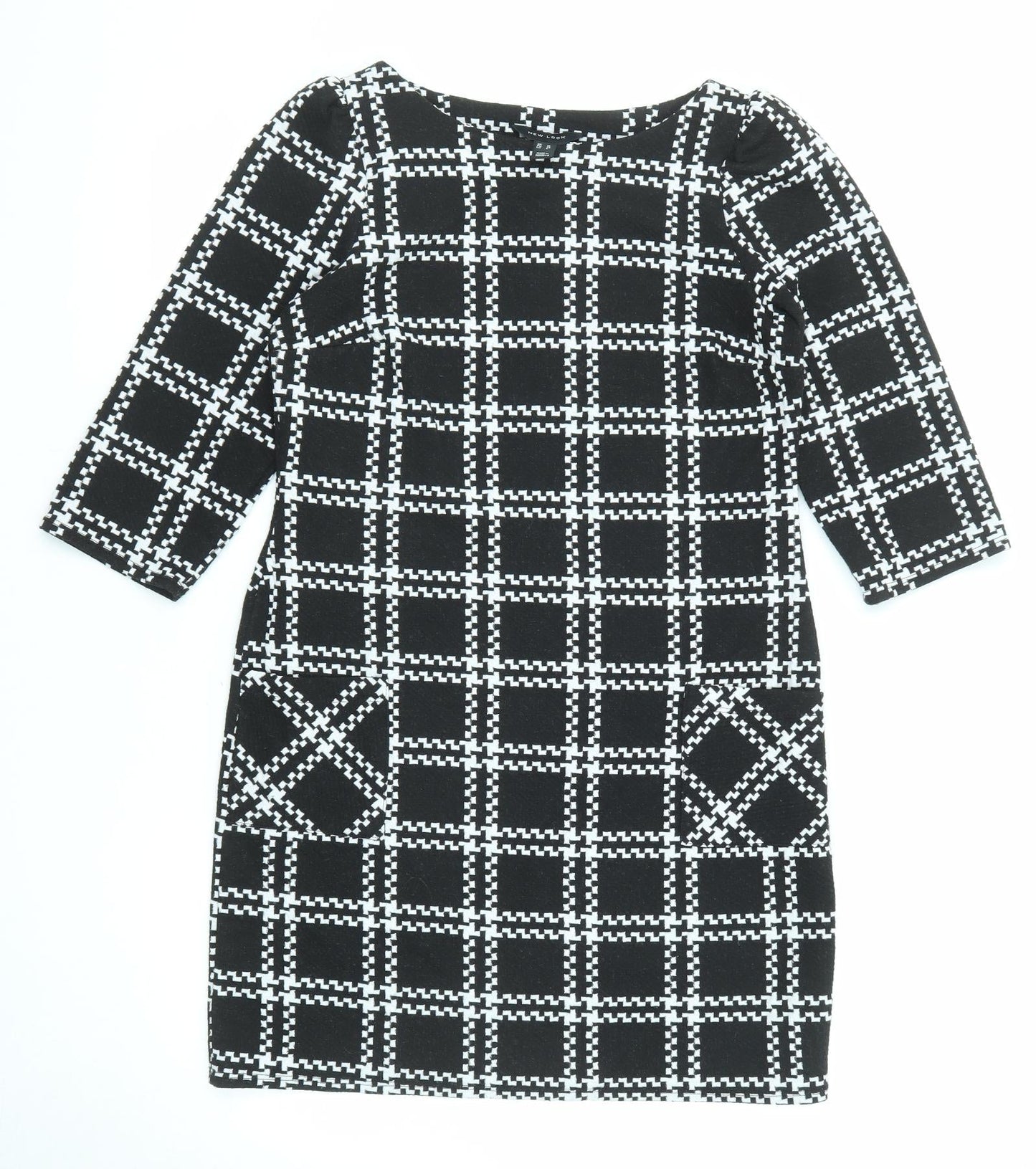 New Look Womens Black Geometric Polyester Shift Size 10 Round Neck Pullover