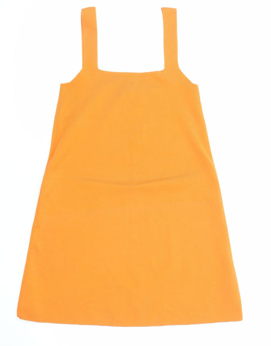 Zara Womens Orange Polyester Pinafore/Dungaree Dress Size S Square Neck Pullover