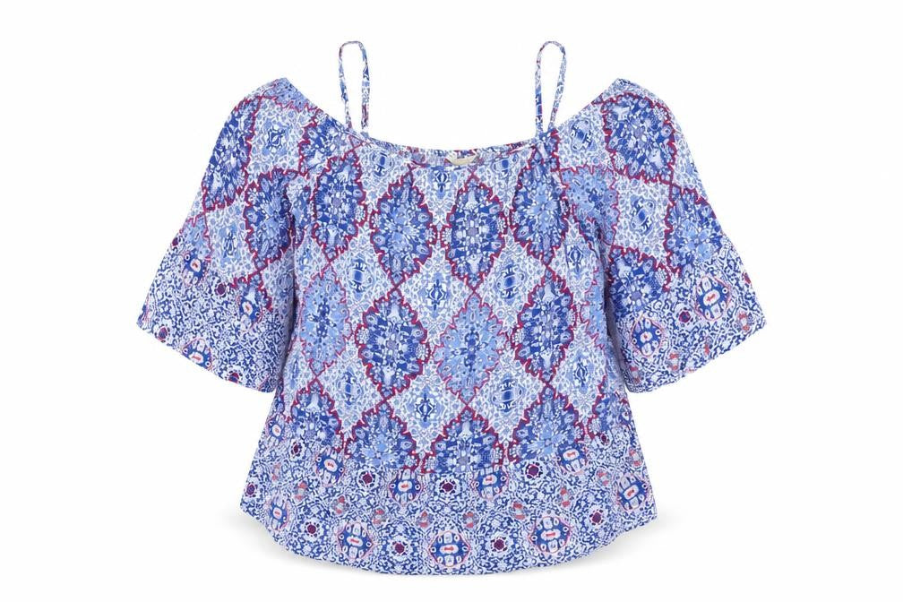 Indigo Womens Blue Geometric Viscose Basic Blouse Size 16 Boat Neck - Cold Shoulder