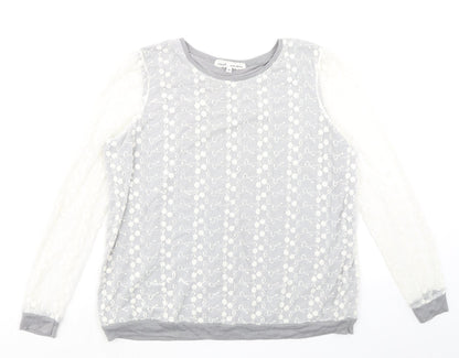 Next Womens Grey Floral Cotton Basic Blouse Size 20 Round Neck - Mesh Overlay