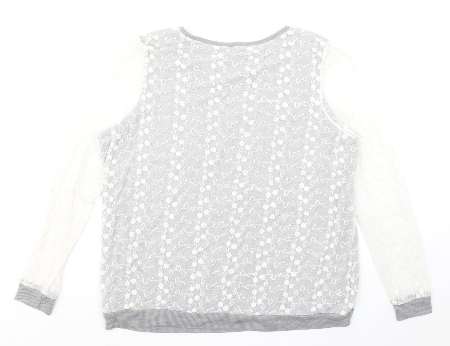 NEXT Womens Grey Floral Cotton Basic Blouse Size 20 Round Neck - Mesh Overlay