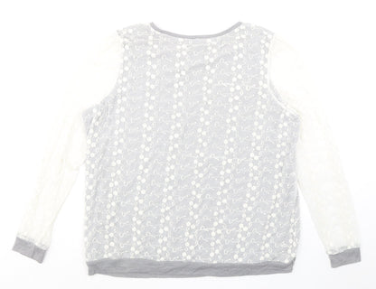 Next Womens Grey Floral Cotton Basic Blouse Size 20 Round Neck - Mesh Overlay