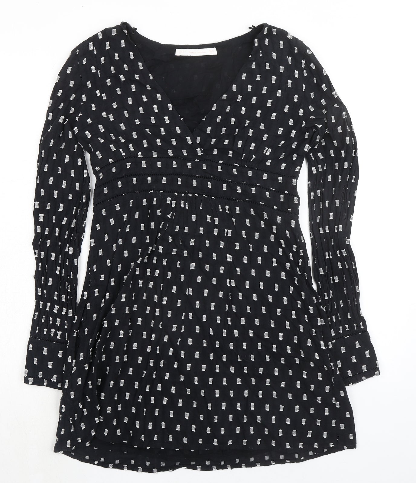 Zara Womens Black Geometric 100% Cotton A-Line Size XS V-Neck