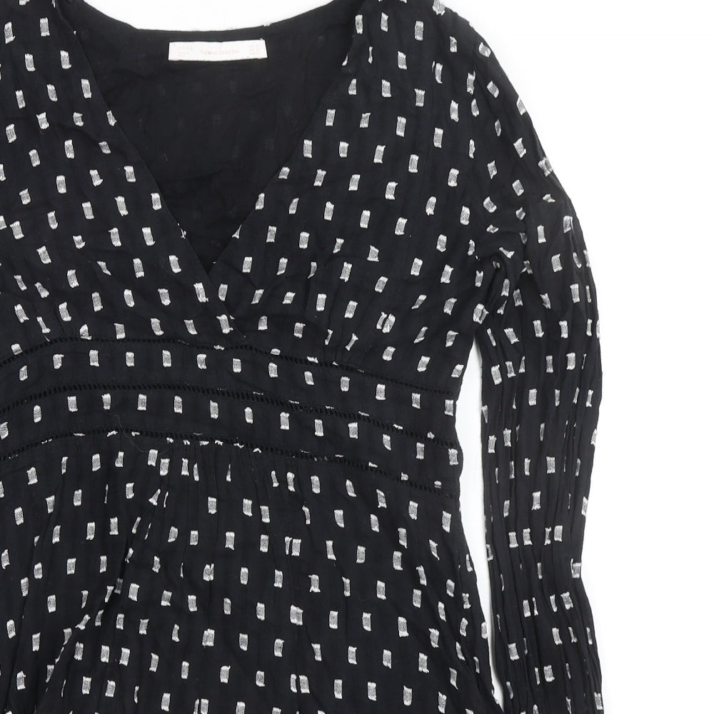 Zara Womens Black Geometric 100% Cotton A-Line Size XS V-Neck