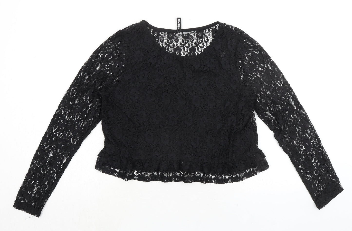 Divided by H&M Womens Black Floral Polyamide Basic Blouse Size L Round Neck