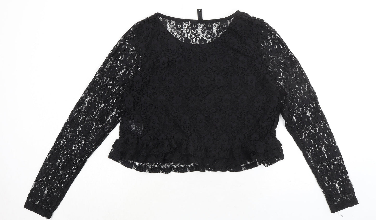Divided by H&M Womens Black Floral Polyamide Basic Blouse Size L Round Neck