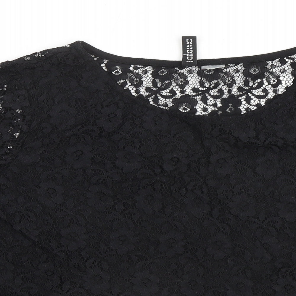 Divided by H&M Womens Black Floral Polyamide Basic Blouse Size L Round Neck