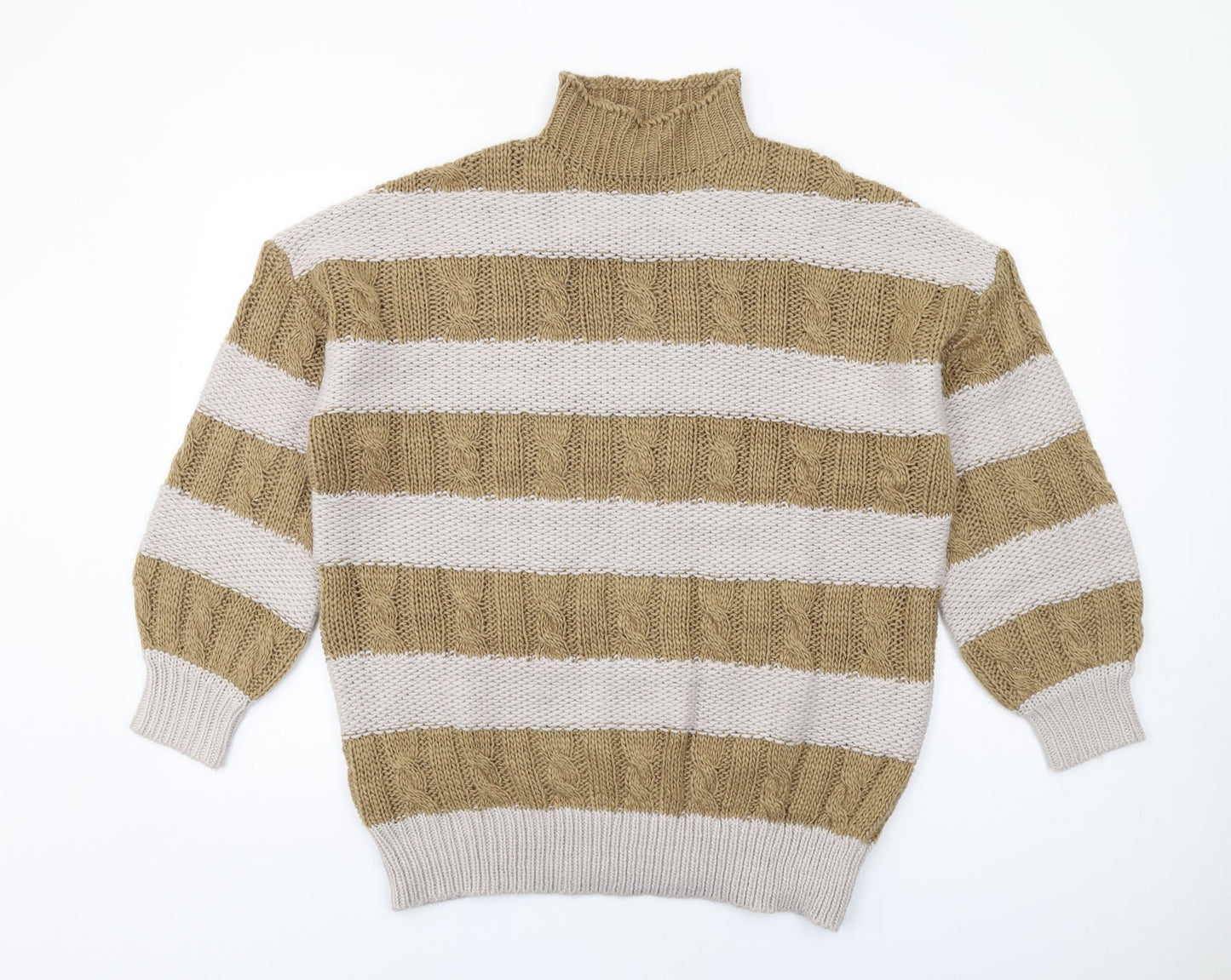 PRETTYLITTLETHING Womens Beige High Neck Striped Acrylic Pullover Jumper Size XS