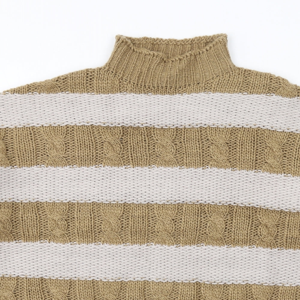 PRETTYLITTLETHING Womens Beige High Neck Striped Acrylic Pullover Jumper Size XS