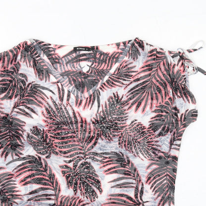 Close-up detail of Roman women’s multicoloured geometric polyester basic t-shirt, size UK 10, v-neck - ruched