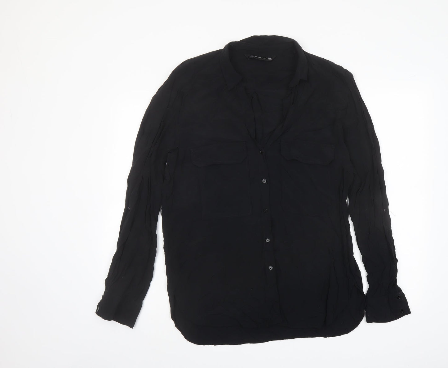 Zara Womens Black Polyester Basic Button-Up Size XL Collared