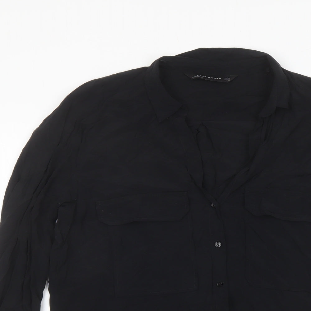 Zara Womens Black Polyester Basic Button-Up Size XL Collared