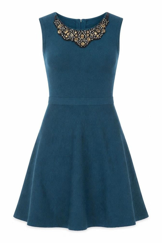 Clements Ribeiro Womens Blue Wool Skater Dress Size XS Boat Neck Zip - Embellished Neckline