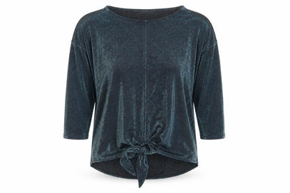 Front view of Principles women’s blue nylon basic blouse, size UK 10, boat neck - tie front detail