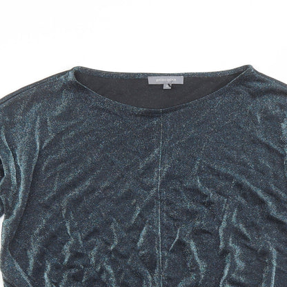 Close-up detail of Principles women’s blue nylon basic blouse, size UK 10, boat neck - tie front detail