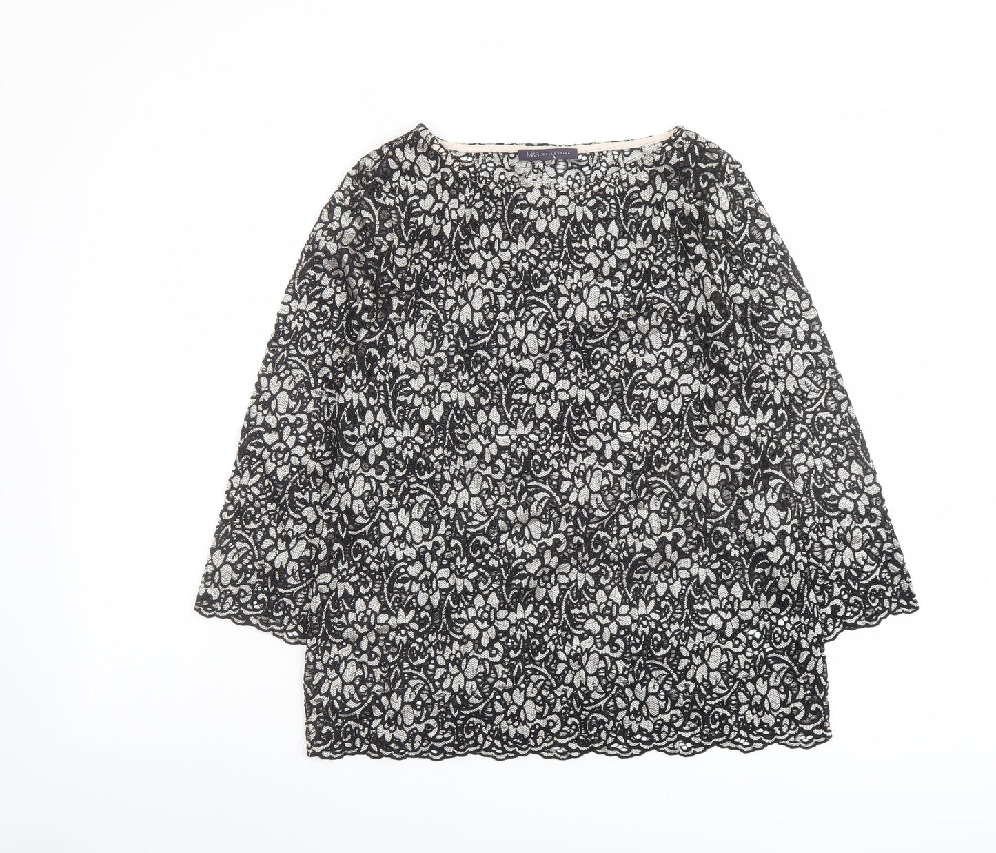 Marks and Spencer Womens Black Floral Polyamide Basic Blouse Size 12 Round Neck