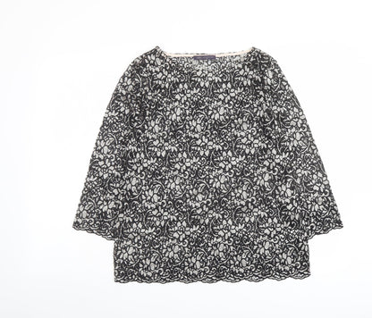 Marks & Spencer Womens Black Floral Polyamide Basic Blouse Size 12 Round Neck